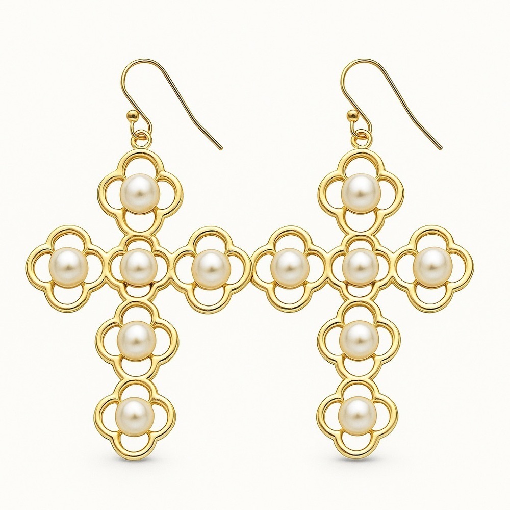 ⚜️ Loée Elegant Gold Cross Floral Earrings With Pearl ❤️‍🔥💫